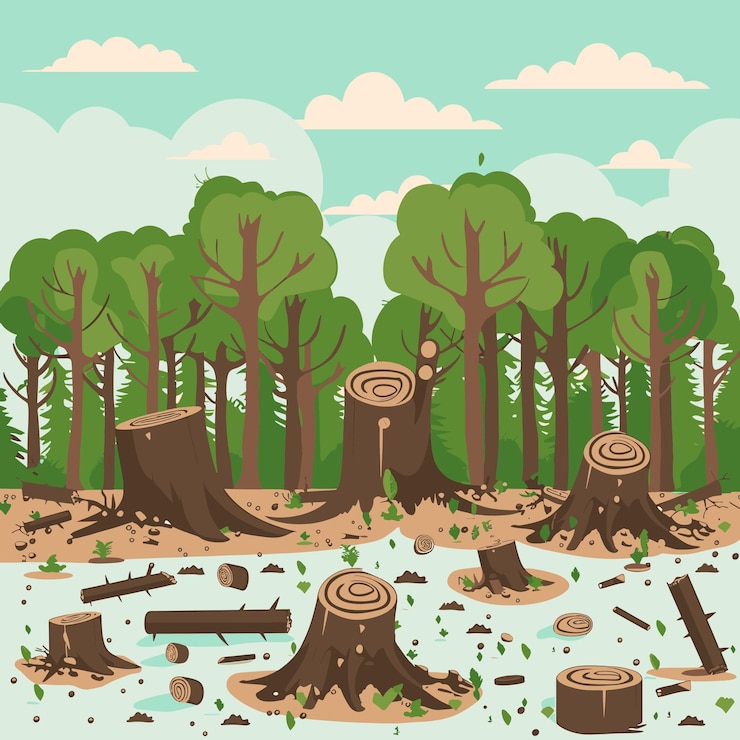 Vector deforestación con troncos de árboles y basura