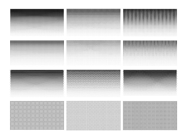 Degradado de semitono Patrón de gradación de puntos Fondo duotono textura de desvanecimiento en blanco y negro Efecto retro gráfico cuadrícula geométrica abstracta Impresión de tonos de arte pop Conjunto de vectores Diseño monocromo