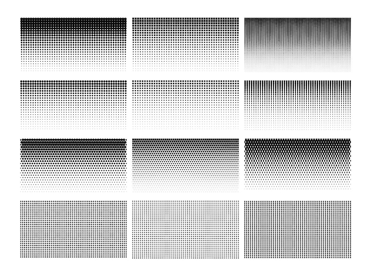 Vector degradado de semitono patrón de gradación de puntos fondo duotono textura de desvanecimiento en blanco y negro efecto retro gráfico cuadrícula geométrica abstracta impresión de tonos de arte pop conjunto de vectores diseño monocromo