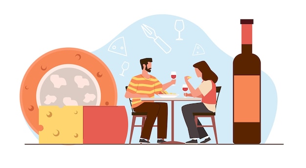 Degustación de alcohol hombre y mujer divirtiéndose y degustando vino y queso Degustación en una cafetería o restaurante Relajación de personas en una cita Ilustración plana de dibujos animados Concepto de personas pequeñas vectorial