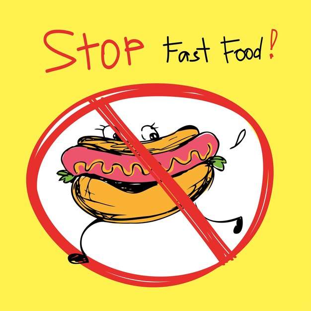 Deja la comida rápida Ilustración vectorial de dibujos a mano de perritos calientes