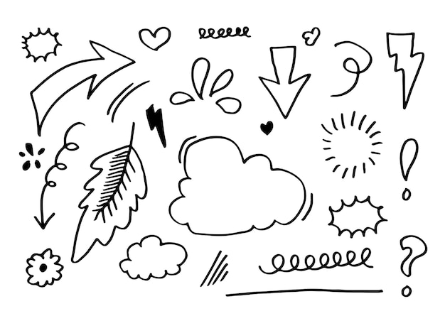 deja corazones cintas abstractas flechas y otros elementos en estilos dibujados a mano para diseños conceptuales Ilustración de fideos Plantilla vectorial para decoración
