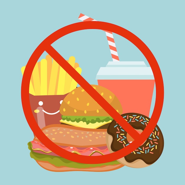 Deje de comer comida rápida, hamburguesa de plato malo, refrescos, donas y papas fritas ilustración.