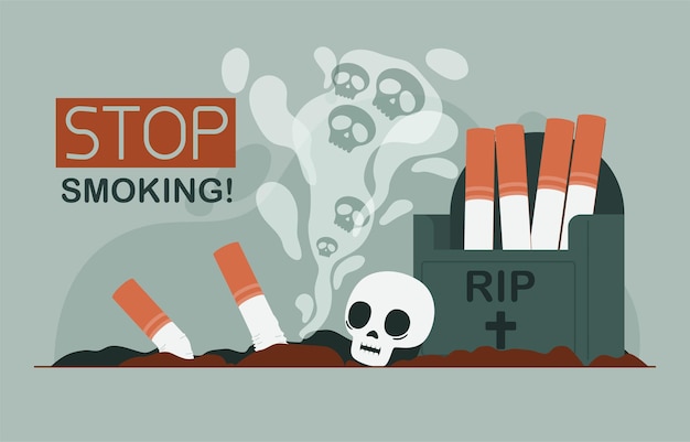 Deje de fumar Banner Diseño de carteles con lápida mortuoria Tabaco y cráneo Vector Ilustración