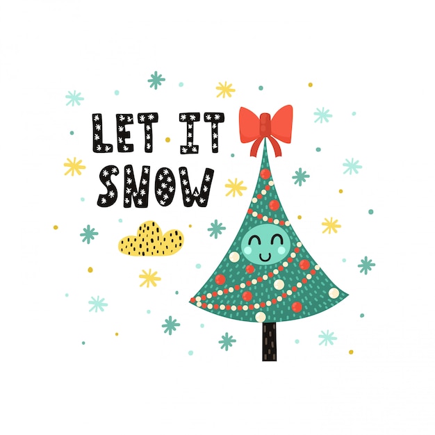 Déjelo nevar con un lindo árbol de navidad. ilustración divertida de vacaciones en estilo infantil