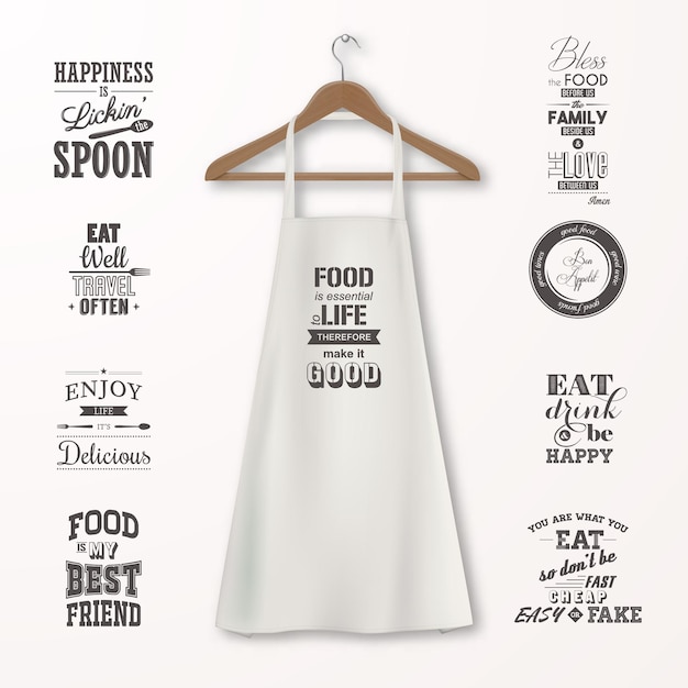 Delantal de cocina de algodón blanco realista vector con percha de madera para ropa y citas sobre alimentos set closeup aislado en blanco. Plantilla de diseño, maqueta para marca, gráficos, publicidad, impresión.