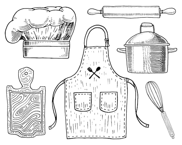 Delantal o pinaphora y capucha, rodillo y cacerola o corola, tabla de madera.