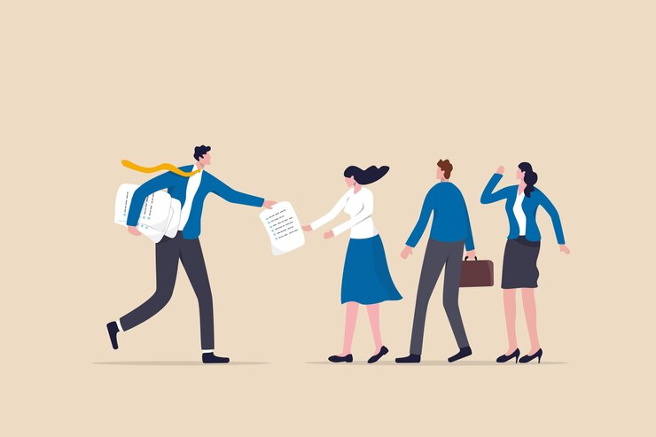 Vector delegación de trabajo, el gerente distribuye la asignación de trabajo a los colegas de los miembros del equipo, asigna tareas, trabajo o proyecto al concepto de responsabilidad del personal, el gerente de negocios delega la asignación de proyectos al equipo.