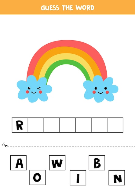 Deletrea la palabra arcoiris. Ilustración de lindo arco iris kawaii. Juego de ortografía para niños.