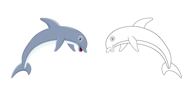 Delfín de dibujos animados feliz con arte lineal, boceto de delfín color menos página aislada sobre fondo blanco.