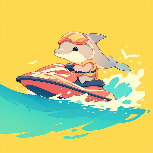 Un delfín en un estilo de dibujos animados de jet ski