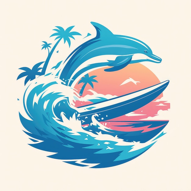 Vector un delfín en un estilo de dibujos animados de tabla de surf