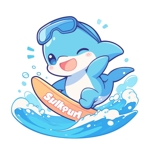Un delfín montando una tabla de surf al estilo de los dibujos animados