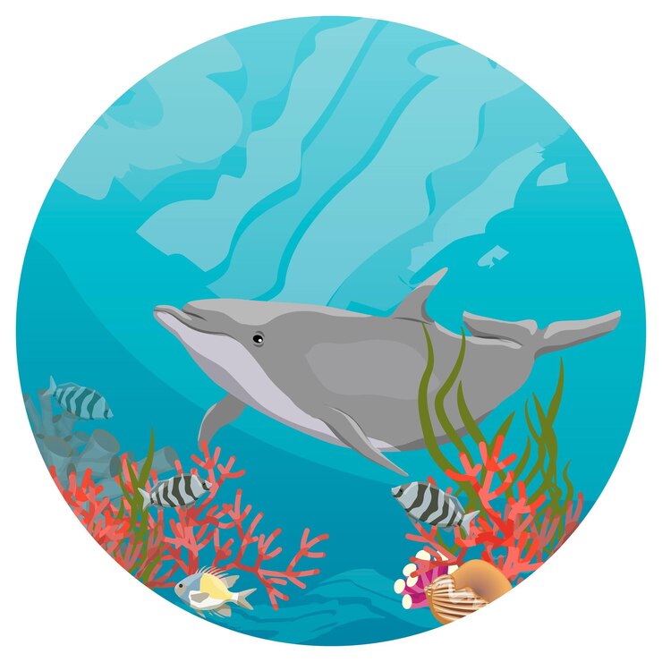 Vector delfín mular común tursiops truncatus nadar en agua de mar caliente con algas verdes