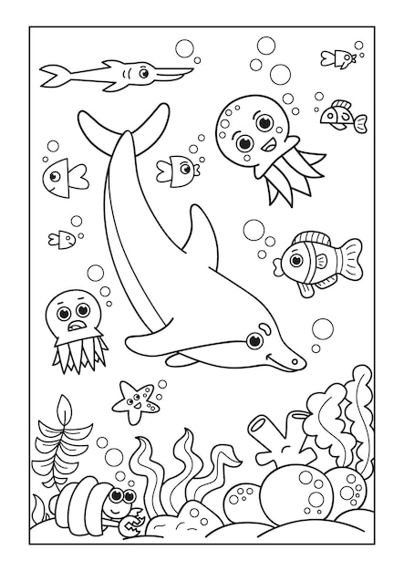 Un delfín nada bajo el agua muchos pulpos de peces En el fondo hay cangrejos de mar y muchas plantas Ilustración de vector blanco y negro para colorear libro