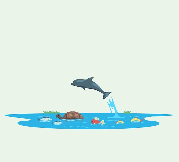 Delfín que salta del agua de mar del océano en salpicaduras contra el agua azul con peces y tortugas