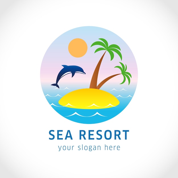 Delfín saltando por encima de las olas mar sol resort isla con palmeras concepto de logotipo de identidad de marca
