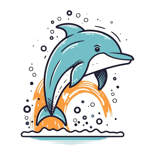Vector delfín saltando fuera del agua ilustración dibujada a mano por vector