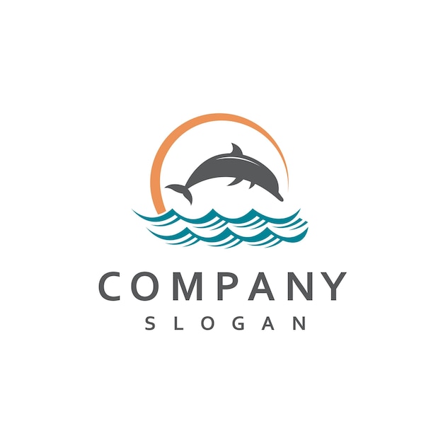 Delfín saltando en el océano con el logotipo del sol y las olas