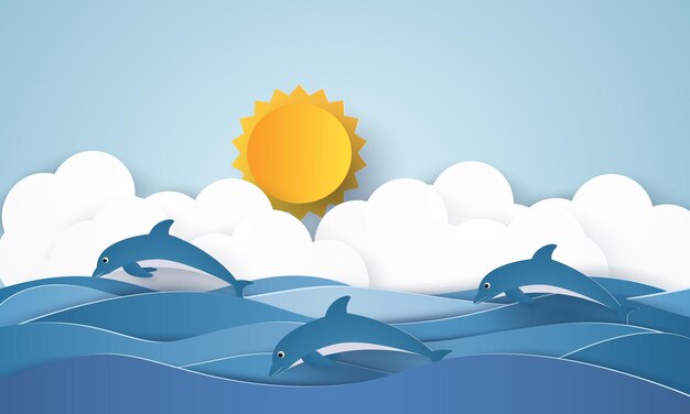 Delfines nadando en el agua y el sol brillante y el paisaje de nubes i estilo de arte en papel