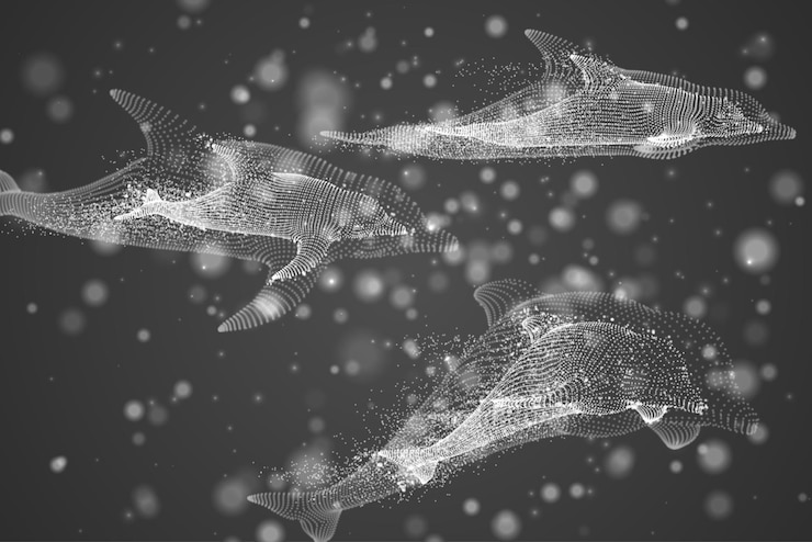 Vector delfines vectoriales sobre un fondo brillante con luces y puntos destacados