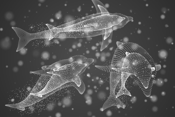 Vector delfines vectoriales sobre un fondo brillante con luces y puntos destacados