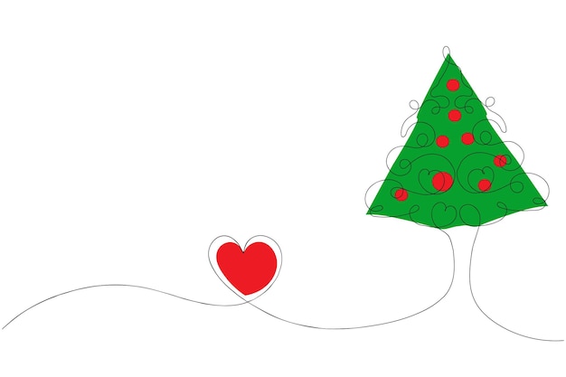 Delgada línea continua árbol de Navidad con corazones símbolo vector una línea pino abeto signo de amor