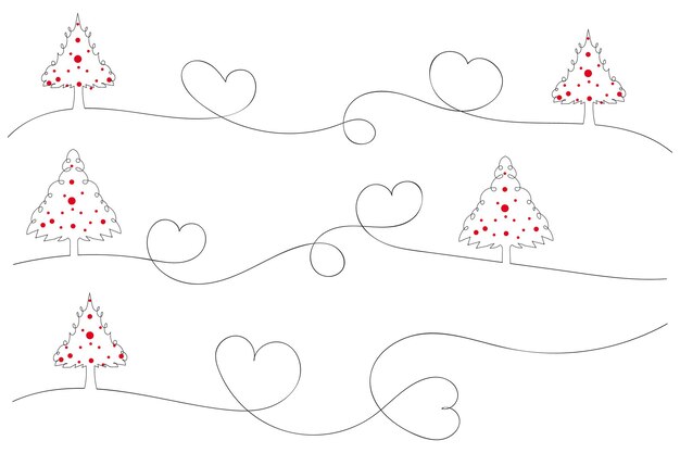 Delgada línea continua árbol de Navidad con corazones símbolo vector una línea pino abeto signo de amor