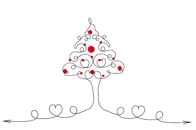 Delgada línea continua árbol de Navidad con corazones símbolo vector una línea pino abeto signo de amor