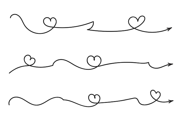 Delgada línea continua corazones estilo flecha curva vector una línea izquierda derecha dirección flechas de amor