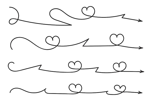 Delgada línea continua corazones estilo flecha curva vector una línea izquierda derecha dirección flechas de amor