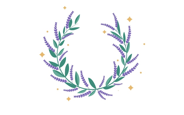 Delicada corona de lavanda con hojas verdes y pequeñas estrellas amarillas en vector de fondo transparente