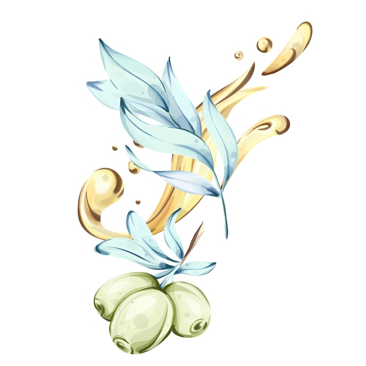 Vector delicada ilustración en acuarela de aceitunas y aceite de oliva inspirada en la cocina y la naturaleza italianas