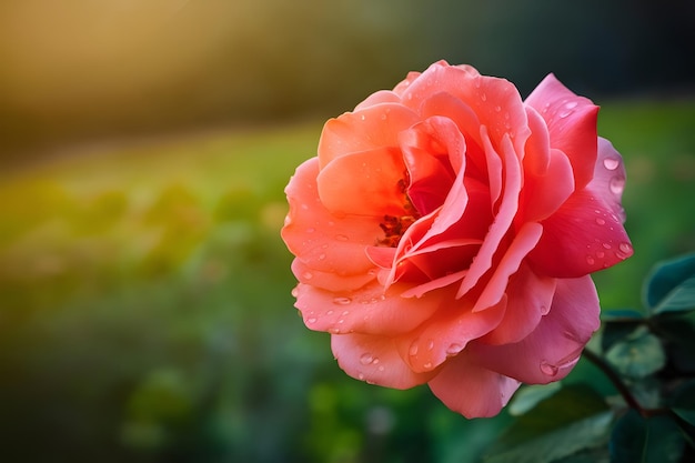 Delicada rosa en un fondo de hermoso bokeh brillante