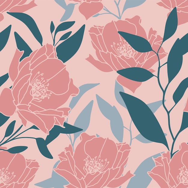 Delicadas flores de patrones sin fisuras. Hojas dibujadas a mano y flores para tela, textil, estampado