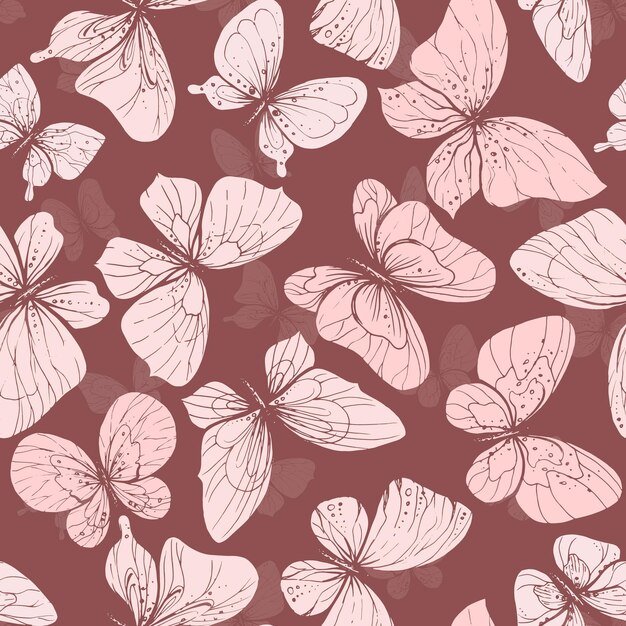 Delicadas mariposas rosadas volando con alas en forma de inversión de silueta con patrones