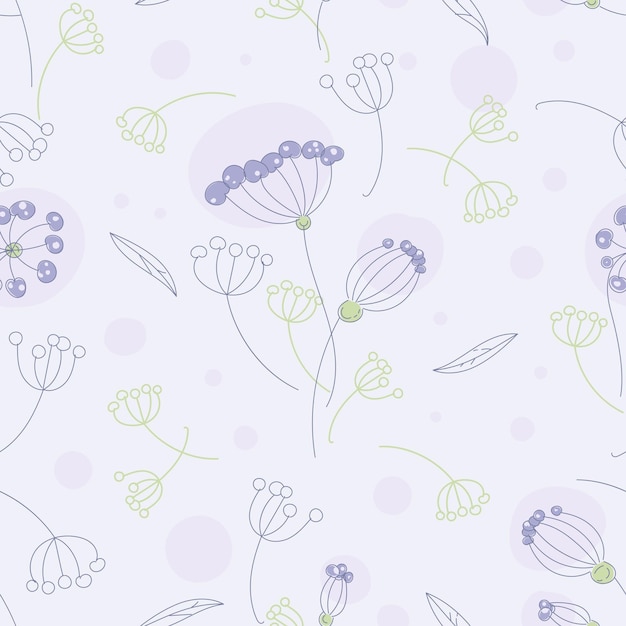 Delicado dibujo floral sin costuras con flores púrpuras y verdes Vector