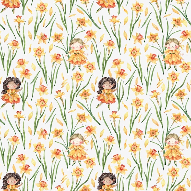 Delicado fondo de estilo infantil con flores de narciso, hadas de flores, chicas con vestidos amarillos.