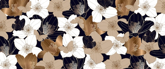 Delicado fondo floral femenino con flores y mariposas de color blanco dorado y azul oscuro