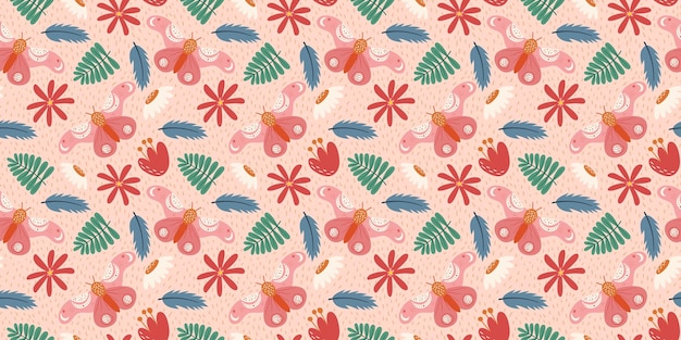 Delicado patrón floral de mariposa sin costuras con elementos botánicos dibujados a mano en tonos pastel suaves