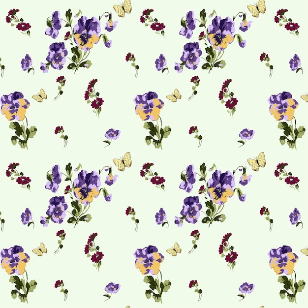 Delicado patrón floral con panquillas y mariposas sobre un fondo claro