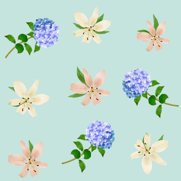 Delicados lirios y hortensias sobre un fondo verde La ilustración vectorial se puede utilizar como perfecta para el embalaje de decoración de telas