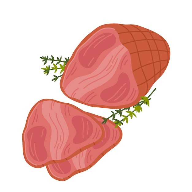 Delicatessen de carne de jamón sobre fondo blanco Rebanadas de jamón rosado suculento ahumado Ilustración vectorial de estilo plano simple