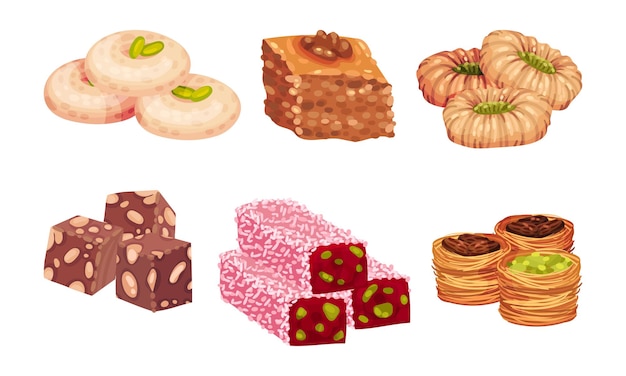 Vector delicias turcas o dulces árabes con la famosa baklava y rahat lakoum vector set pastelería oriental y concepto de confitería azucarada