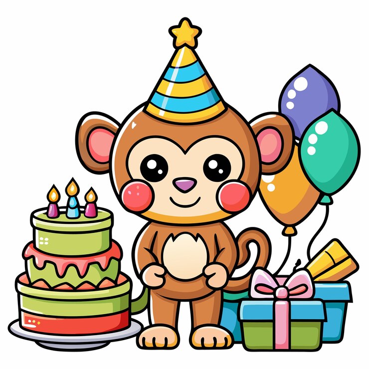 Vector deliciosa celebración de cumpleaños de mono icono vectorial de dibujos animados con suministros de fiesta