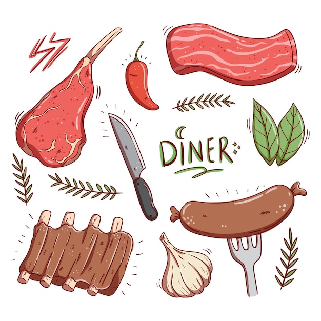 Vector deliciosa colección de bistec y carne cruda con estilo doodle