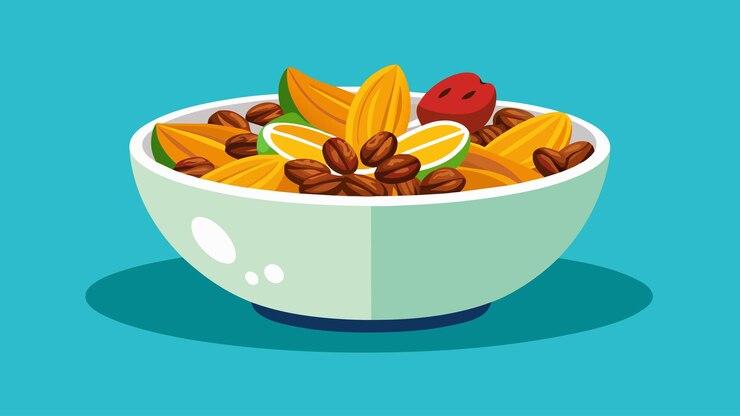 Vector una deliciosa combinación de nueces glazadas con miel, papas fritas de plátano sazonadas con jerk y chili lime asado.