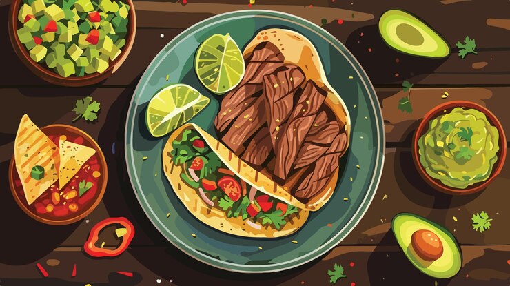 Vector deliciosa comida mexicana casera con carne a la parrilla y guacamole fresco