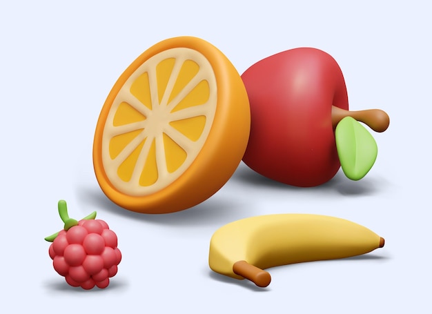 Vector deliciosa composición de frutas al estilo de dibujos animados 3d manzana plátano frambuesa mitad de naranja