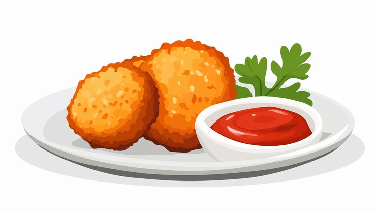 Vector deliciosa croqueta en el plato con ilustración vectorial plana de ketchup
